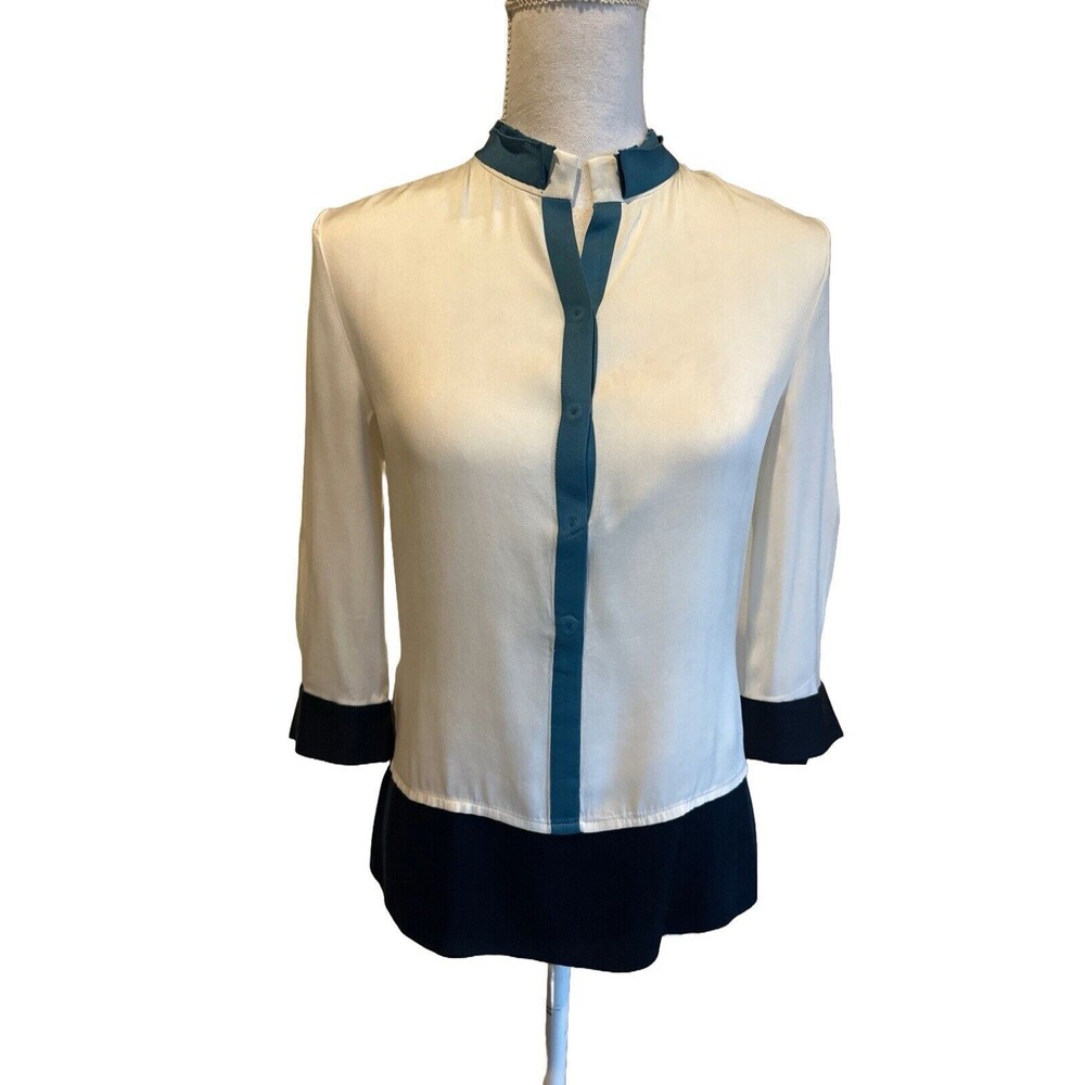 Elie Tahari Women's XS 100% Silk Blouse 3/4 Sleeve Popover Ivory w/ Blue Trim